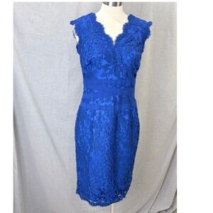 Tadashi Shoji Cobalt Blue Lace Overlay Sheath Cocktail Dress Scallop 10 Party